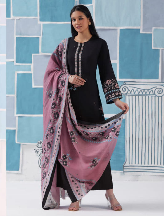 Unstitched Black Cotton Suit for Women with Embroidery