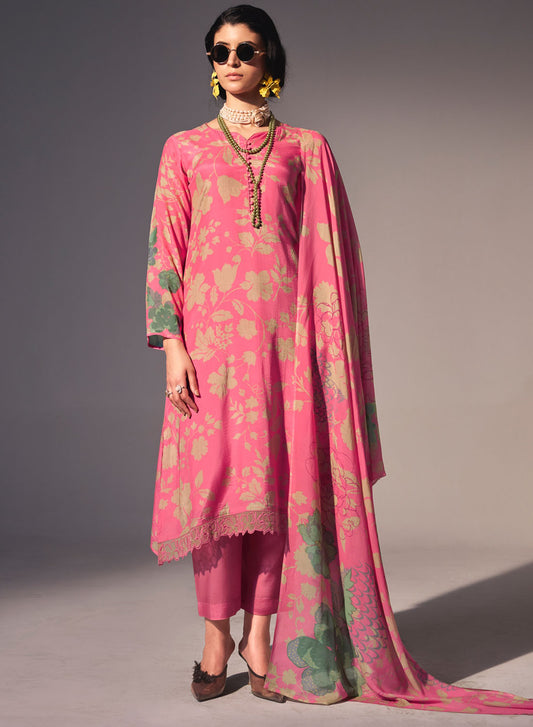 Pink Muslin Silk Party Wear Unstitched Salwar Suit Material for Women