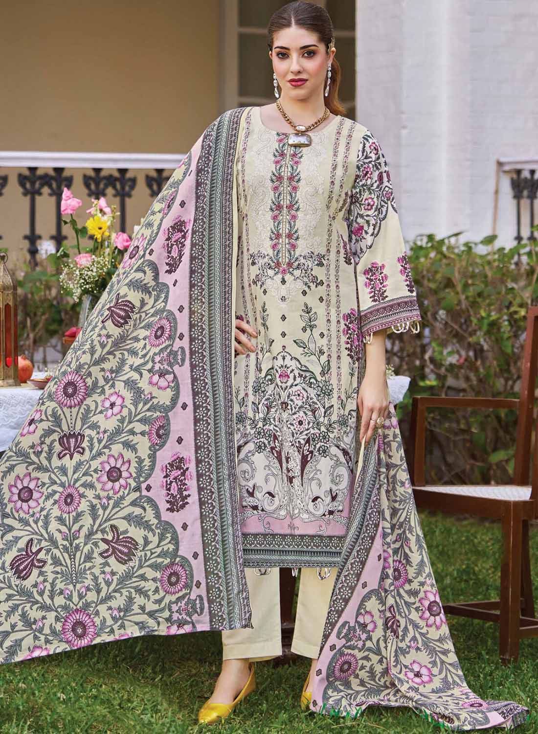 Pakistani Print Unstitched Pure Cotton Salwar Suit Set with Embroidery