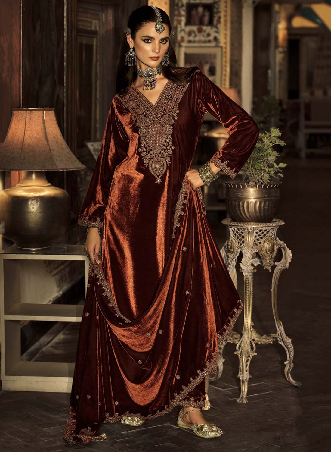 Party Wear Unstitched Winter Velvet Suit Dress Material with Embroidery