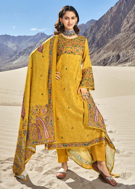 Pashmina Winter Un-Stitched Yellow Suit Dress Material for Women