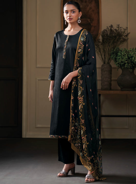 Ganga Cotton Silk Black Unstitched Salwar Suit Material with Chiffon Dupatta
