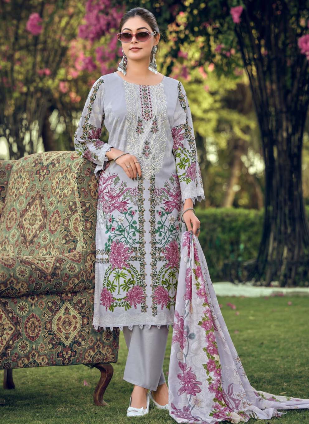 Pure Cotton Grey Pakistani Print Unstitched Suit Material with Embroidery