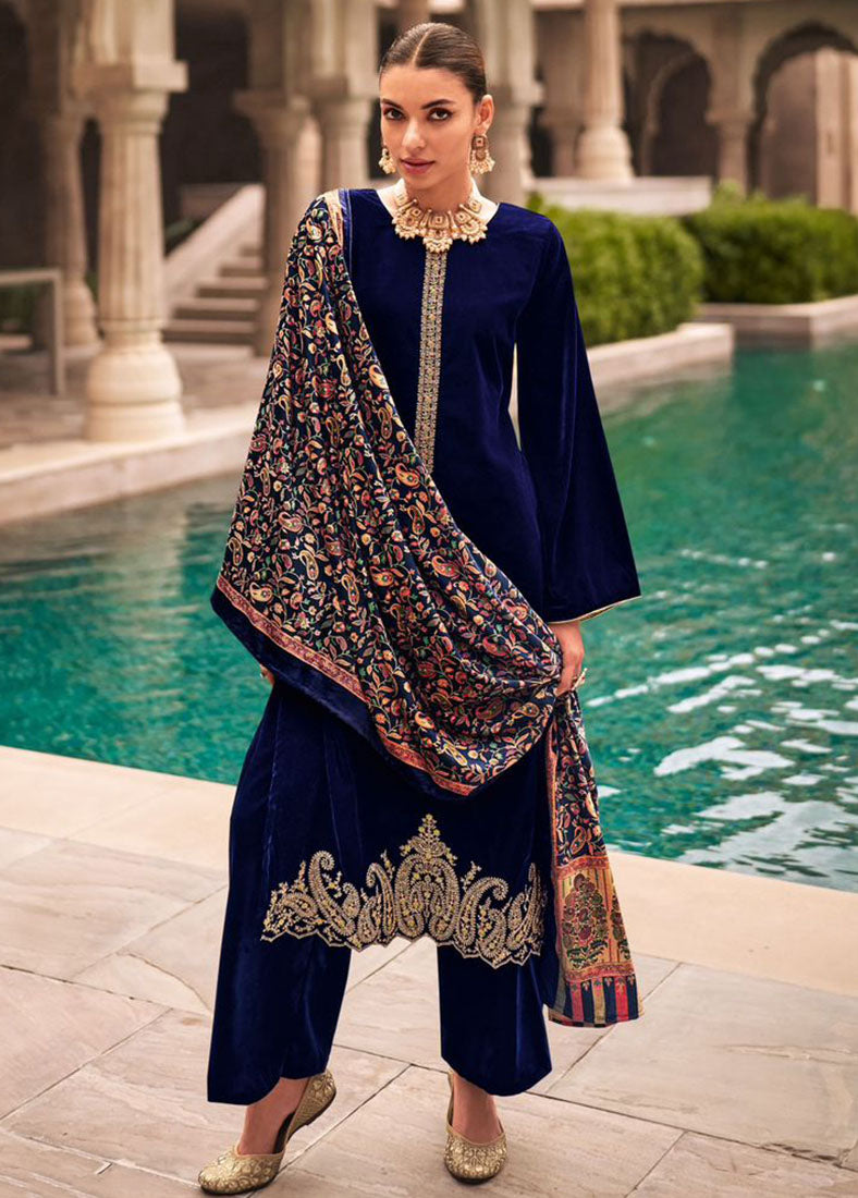 Mumtaz Arts Party Wear Blue Velvet Salwar Suit Dress Material Women Mumtaz Arts