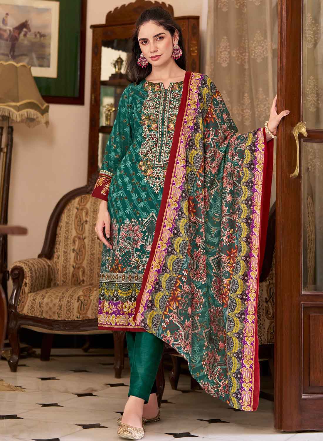 Women's Green Pakistani Print Unstitched Cotton Suit Dress Material