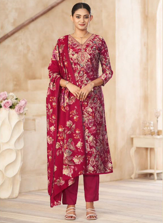 Fancy Red Modal Muslin Unstitched Salwar Suit Material with Dupatta
