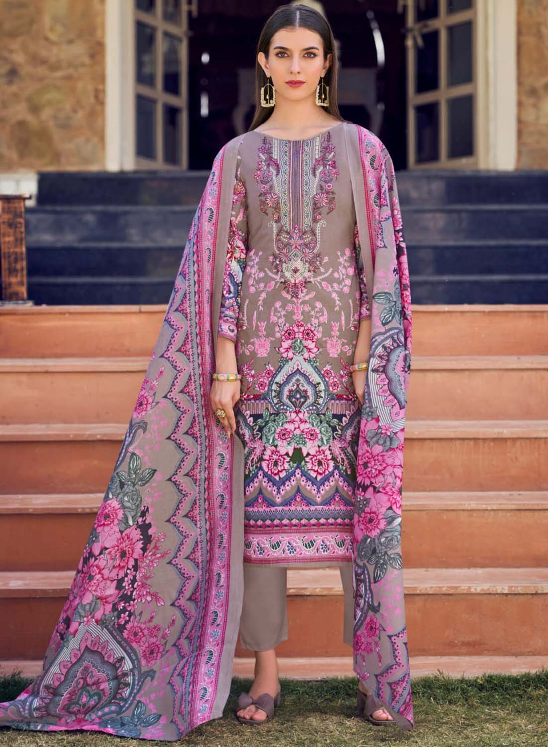 Brown Pakistani Print Unstitched Pure Cotton Salwar Suit Material