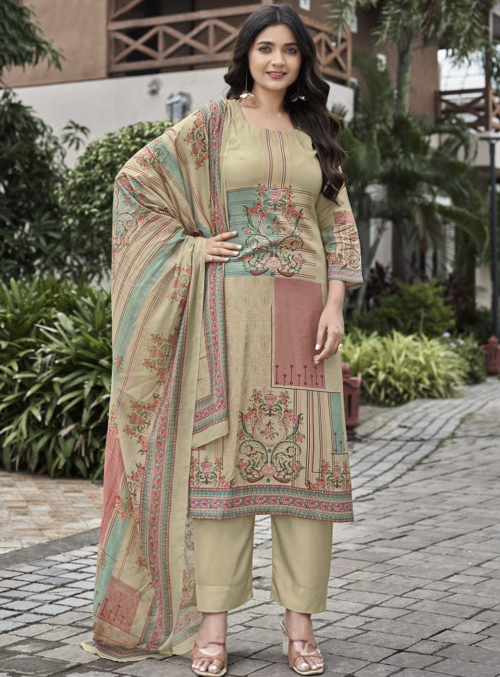 Brown Pashmina Unstitched Winter Salwar Suit Material with Muslin Dupatta