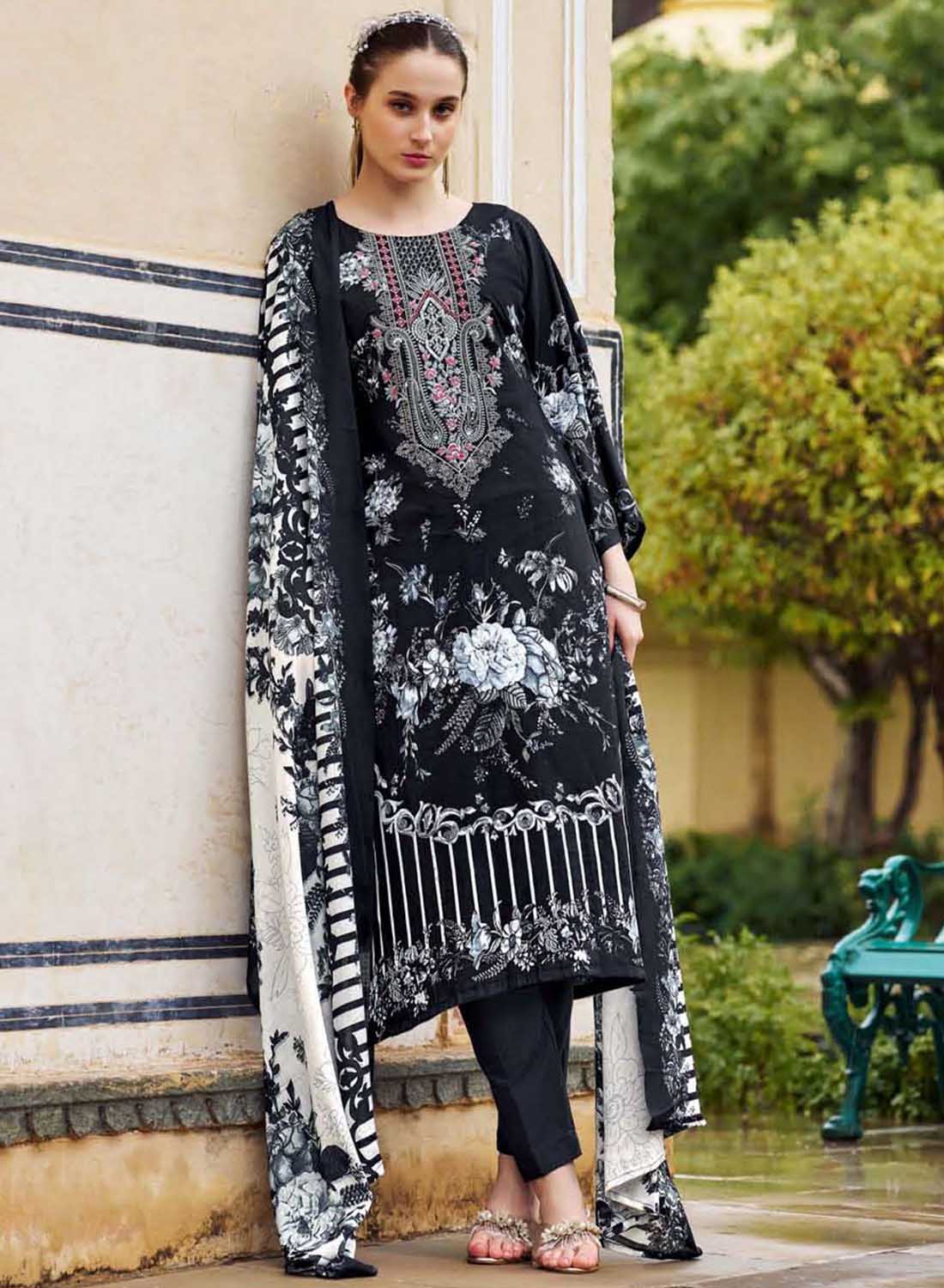 Black Pakistani Print Unstitched Cotton Suit Dress Material with Embroidery