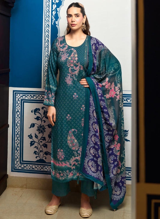 Teal Green Winter Pashmina Unstitched Salwar Suit Set Dress Material