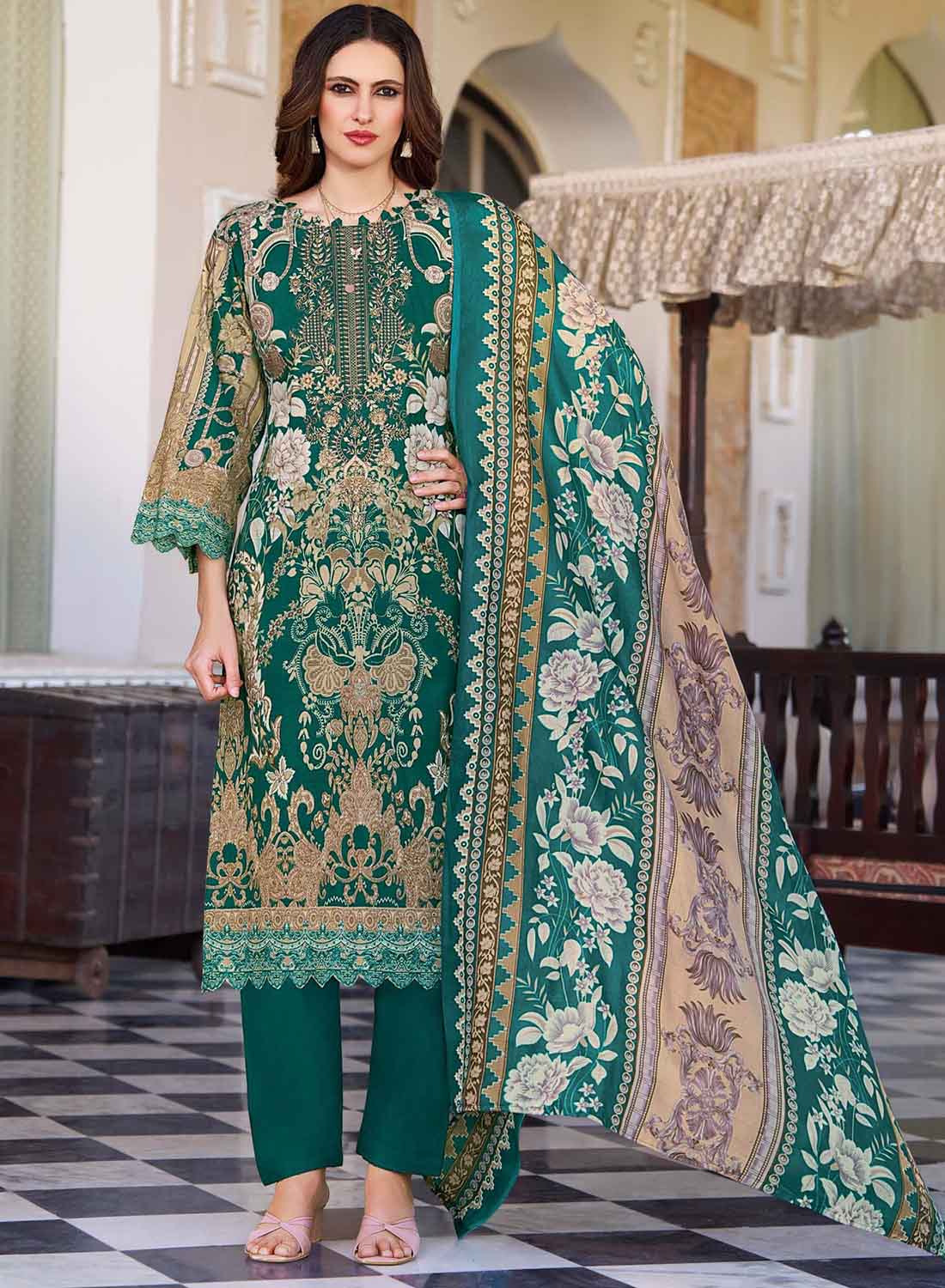 Pakistani Print Green Unstitched Pure Cotton Suit Set Material with Embroidery