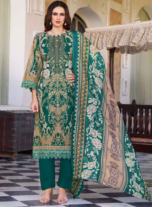 Pakistani Print Green Unstitched Pure Cotton Suit Set Material with Embroidery