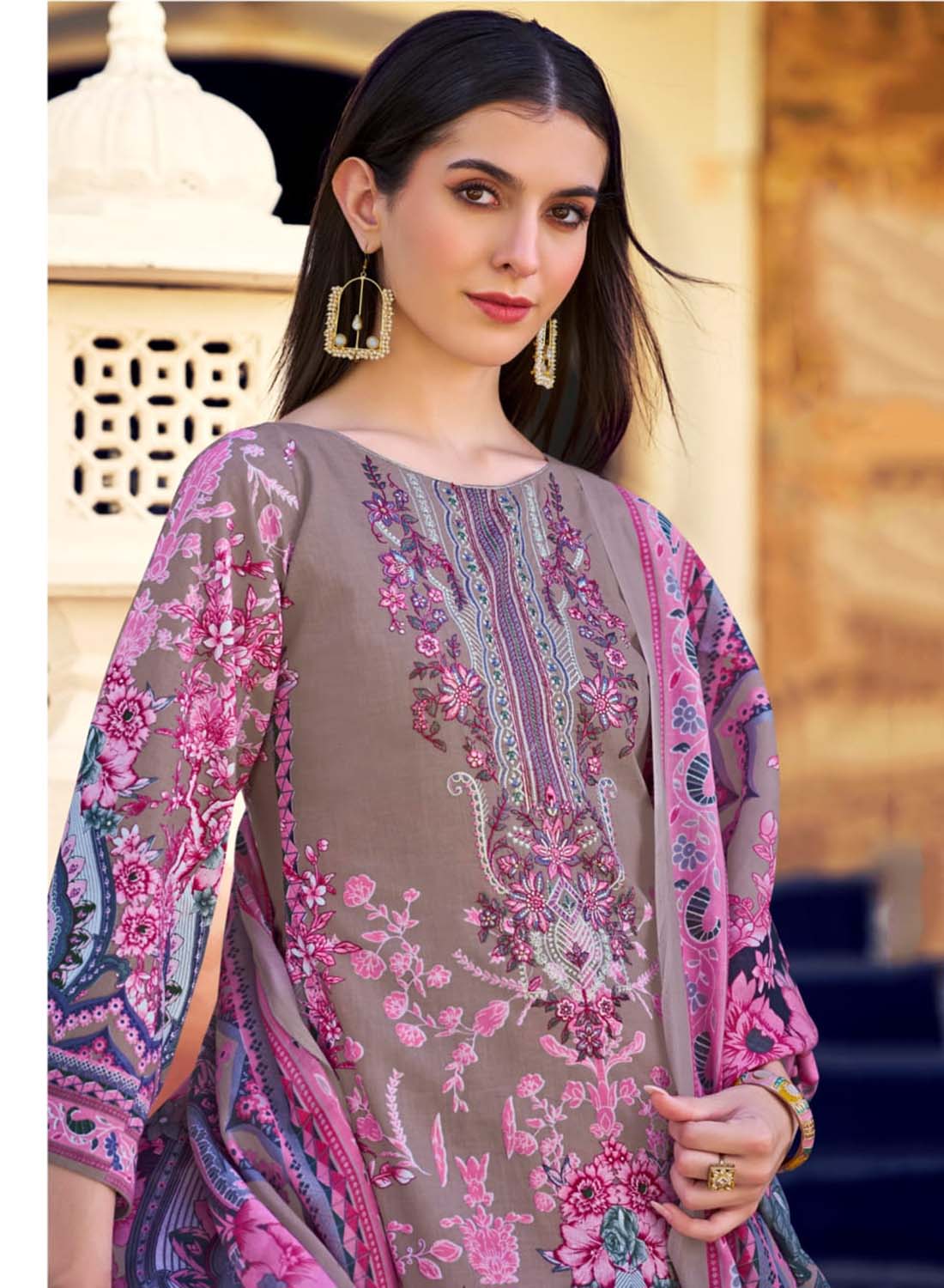 Brown Pakistani Print Unstitched Pure Cotton Salwar Suit Material