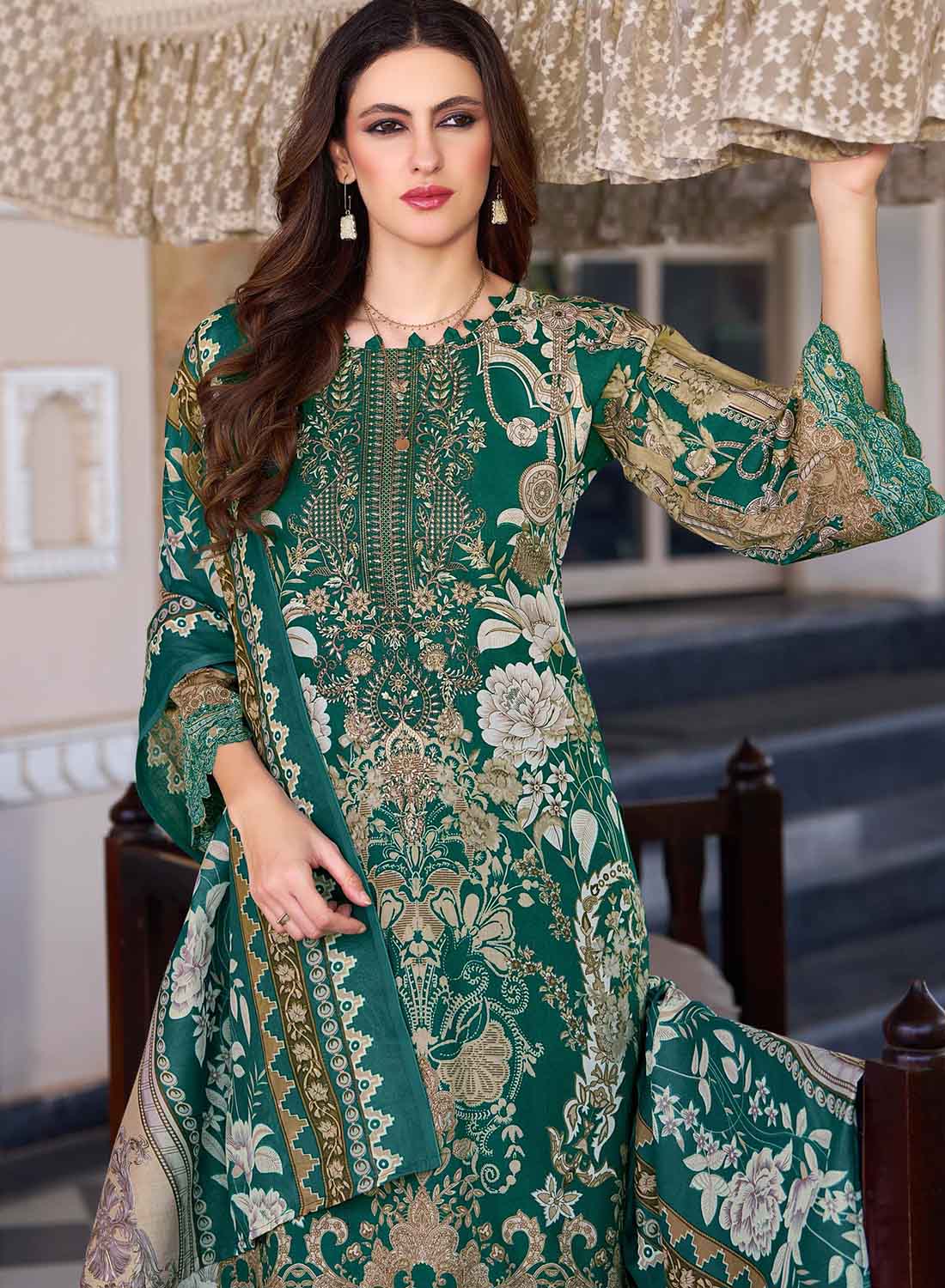 Pakistani Print Green Unstitched Pure Cotton Suit Set Material with Embroidery