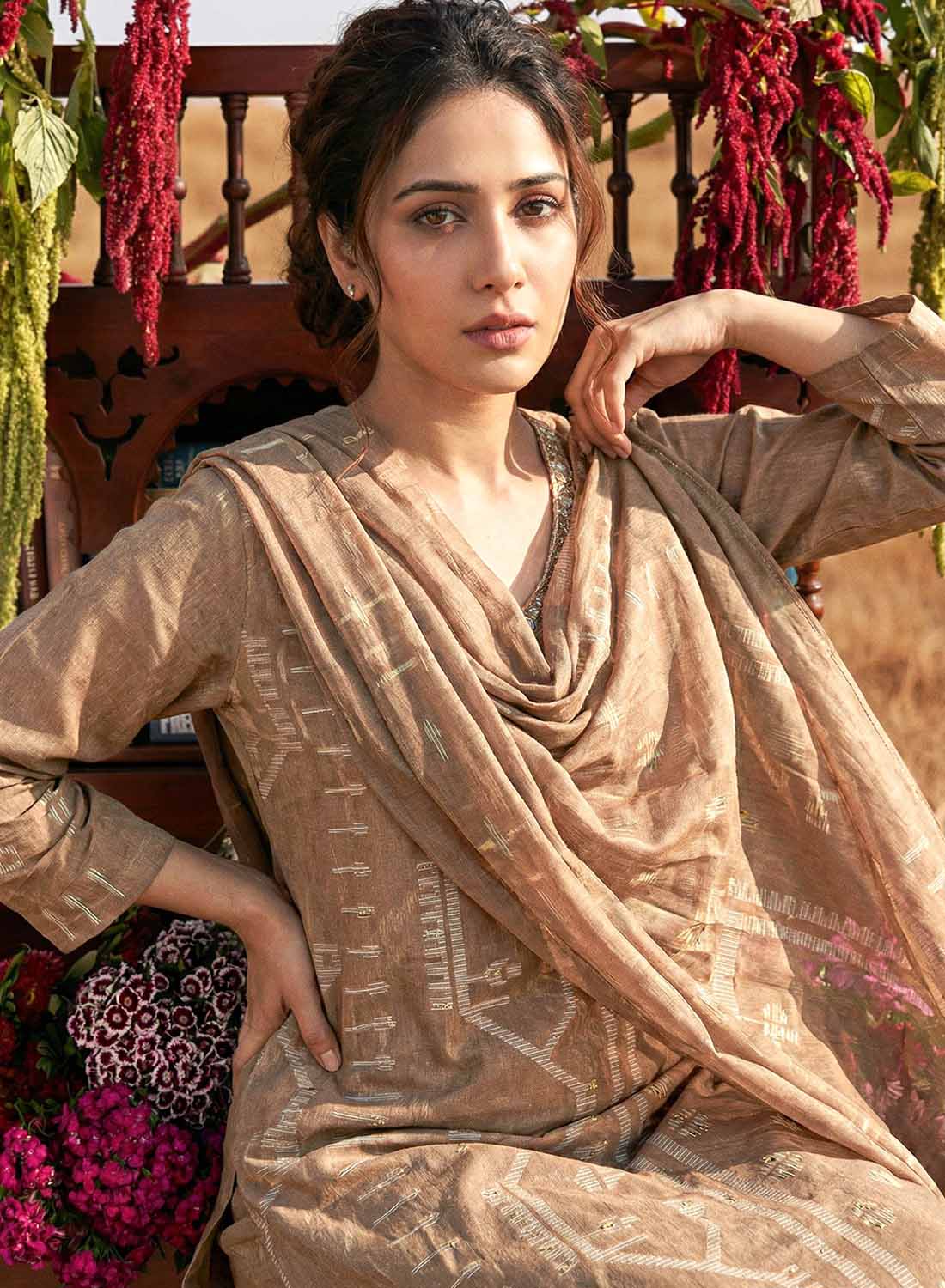 Pure Lawn Cotton Brown Unstitched Suit Dress Material for Women