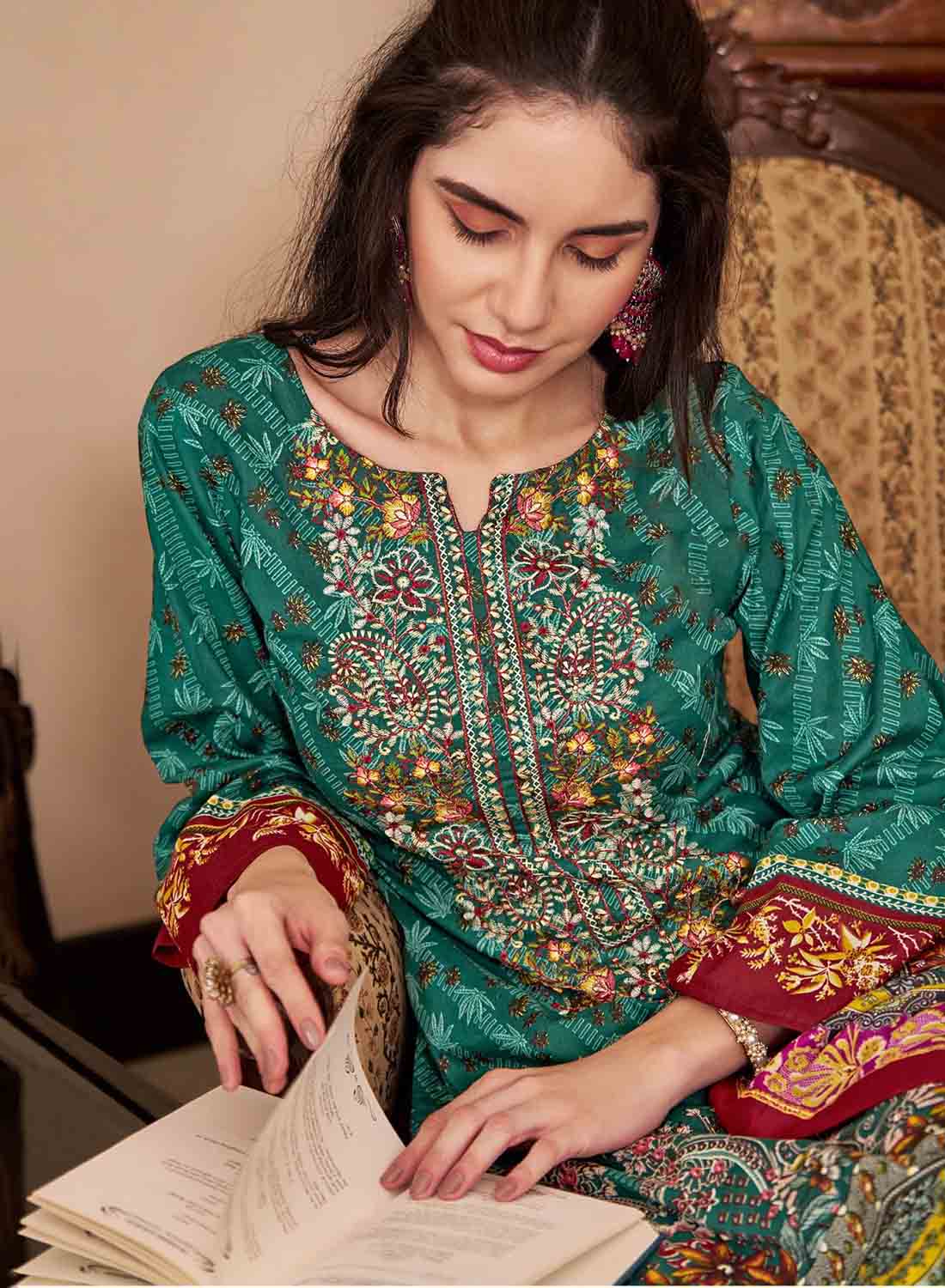 Women's Green Pakistani Print Unstitched Cotton Suit Dress Material