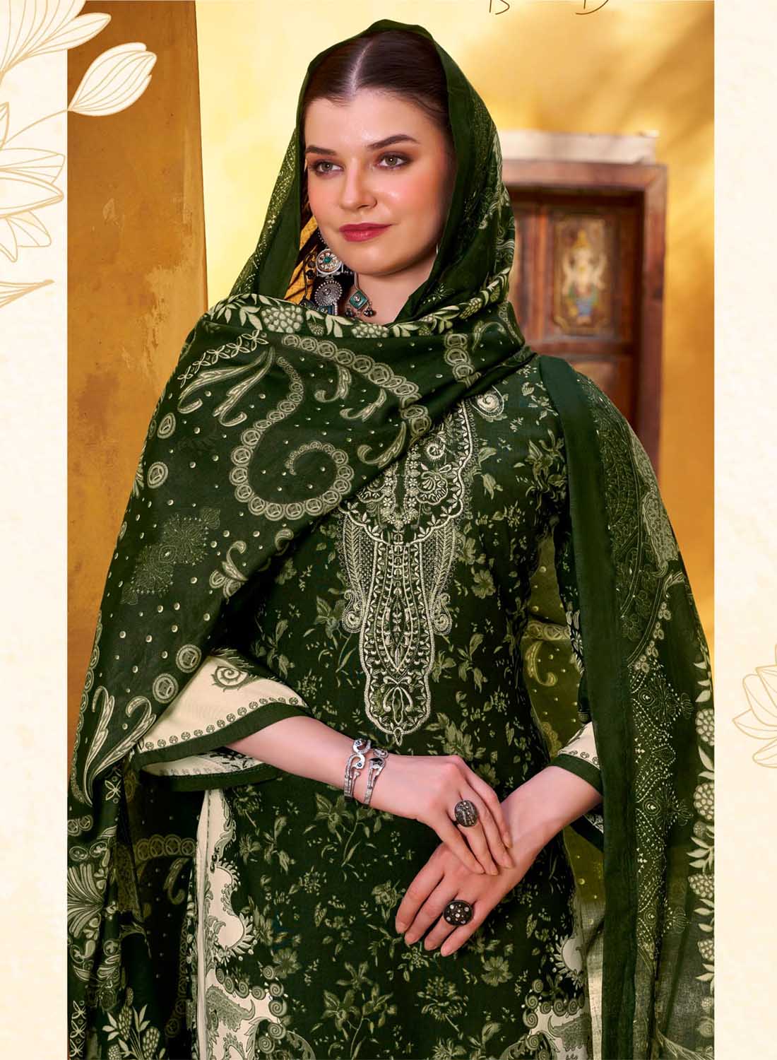 Green Pure Cotton Pakistani Print Unstitched Salwar Suit Material with Dupatta