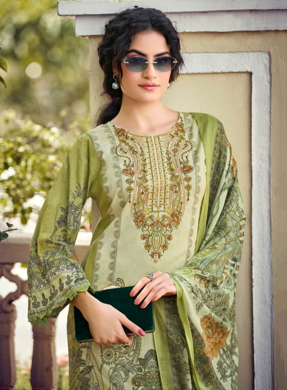 Green Pure Cotton Pakistani Print Unstitched Suit Material with Embroidery