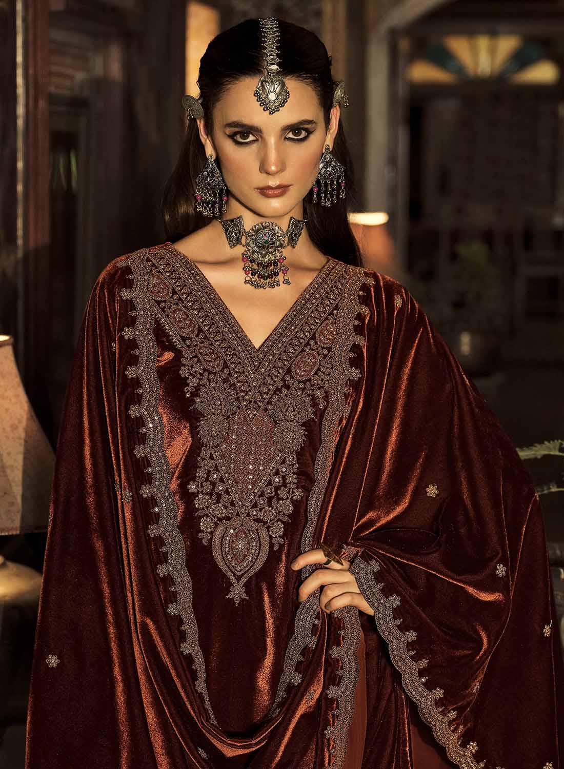 Party Wear Unstitched Winter Velvet Suit Dress Material with Embroidery