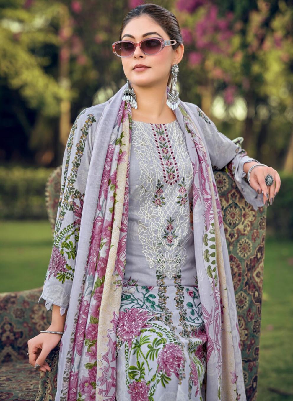 Pure Cotton Grey Pakistani Print Unstitched Suit Material with Embroidery