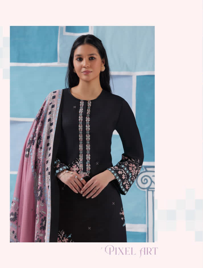 Unstitched Black Cotton Suit for Women with Embroidery S Nirukth