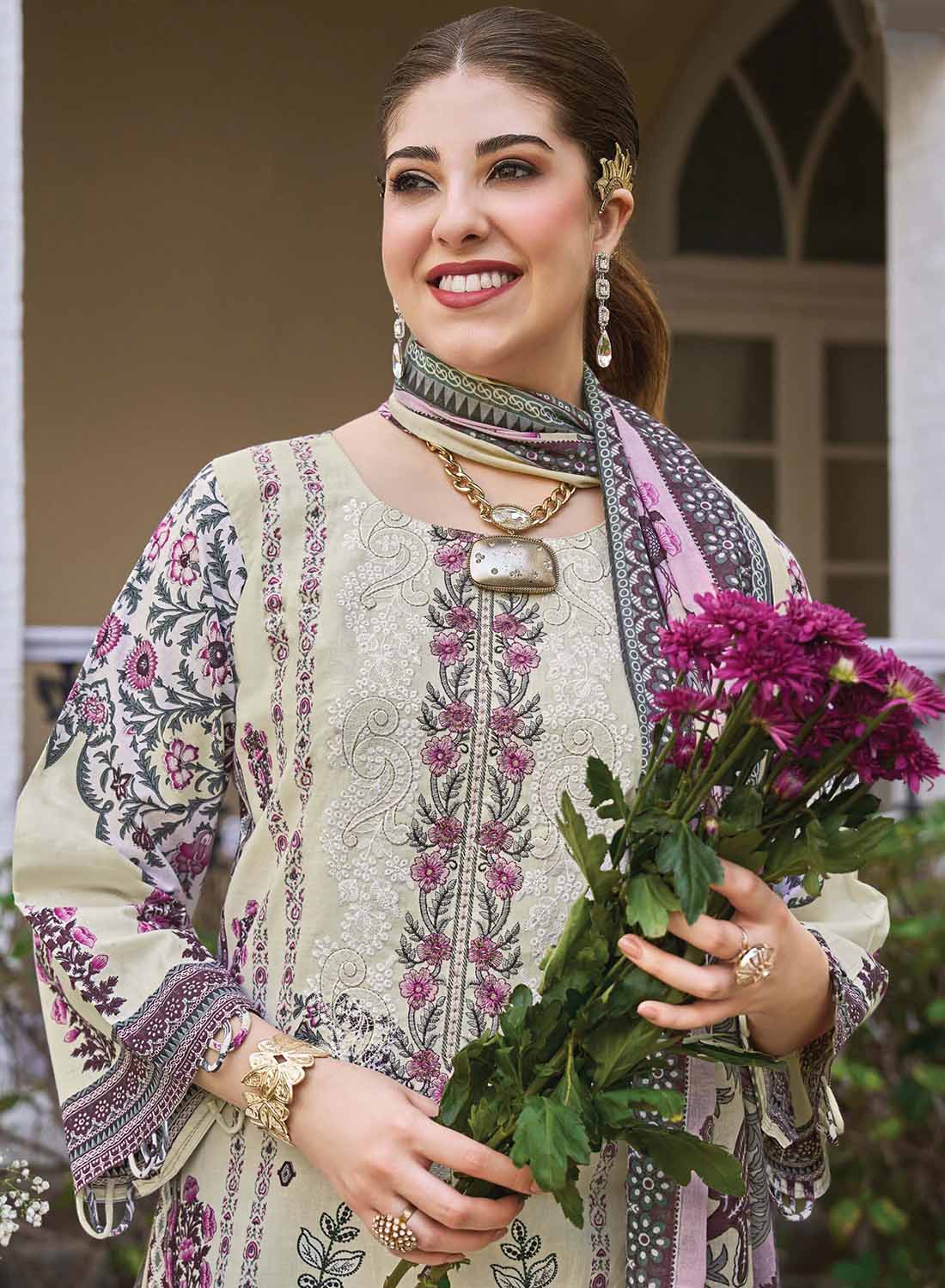 Pakistani Print Unstitched Pure Cotton Salwar Suit Set with Embroidery