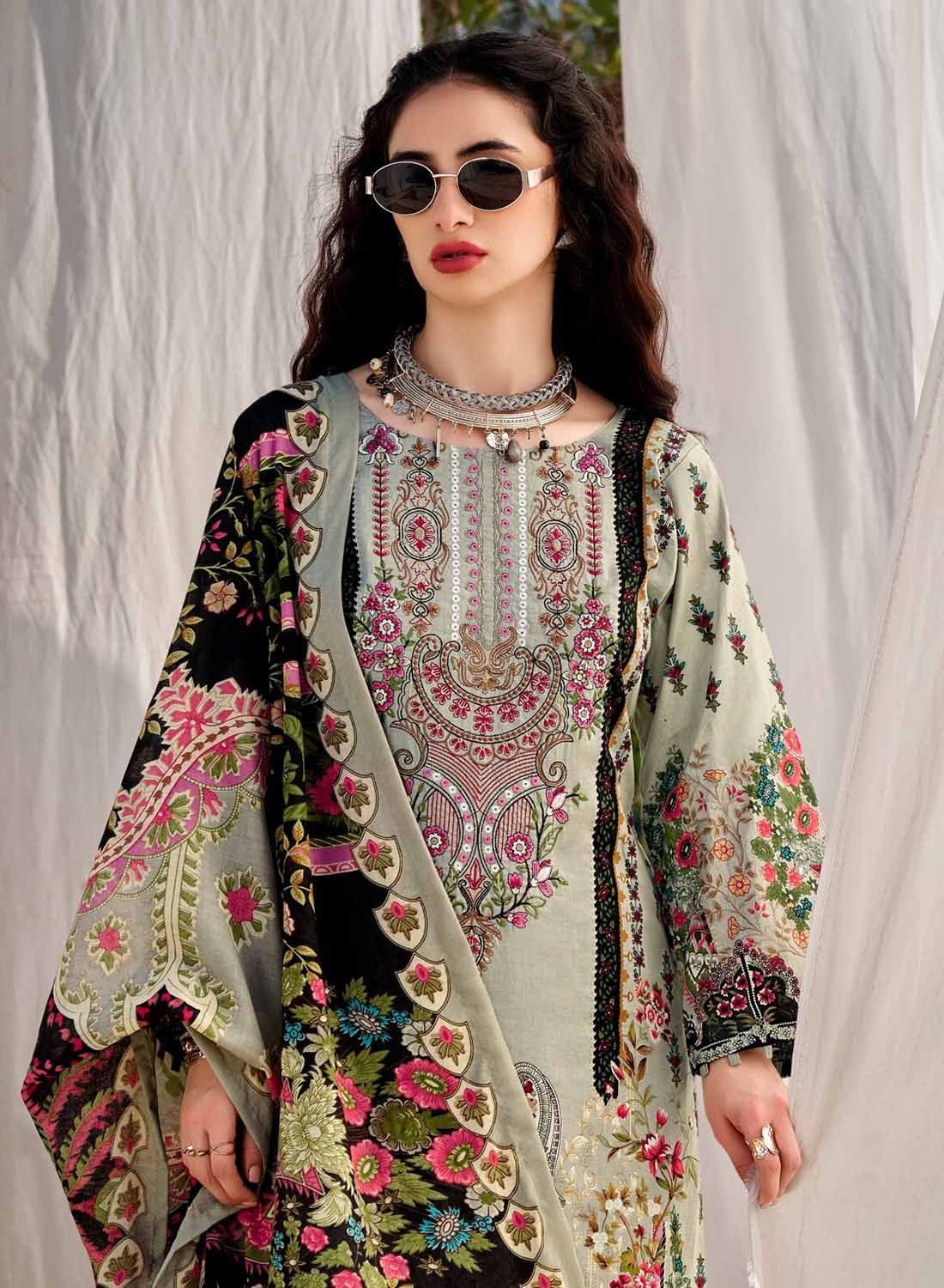 Pakistani Print Pure Cotton Grey Unstitched Suit Material with Embroidery