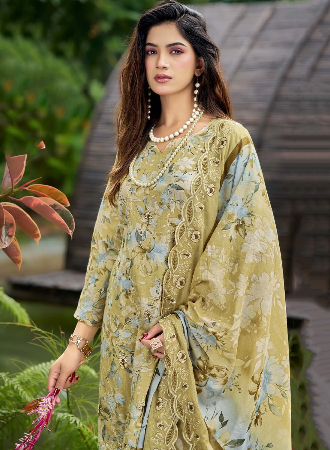 Pakistani Cotton Suit Dress Material for Women Unstitched with Embroidery Green