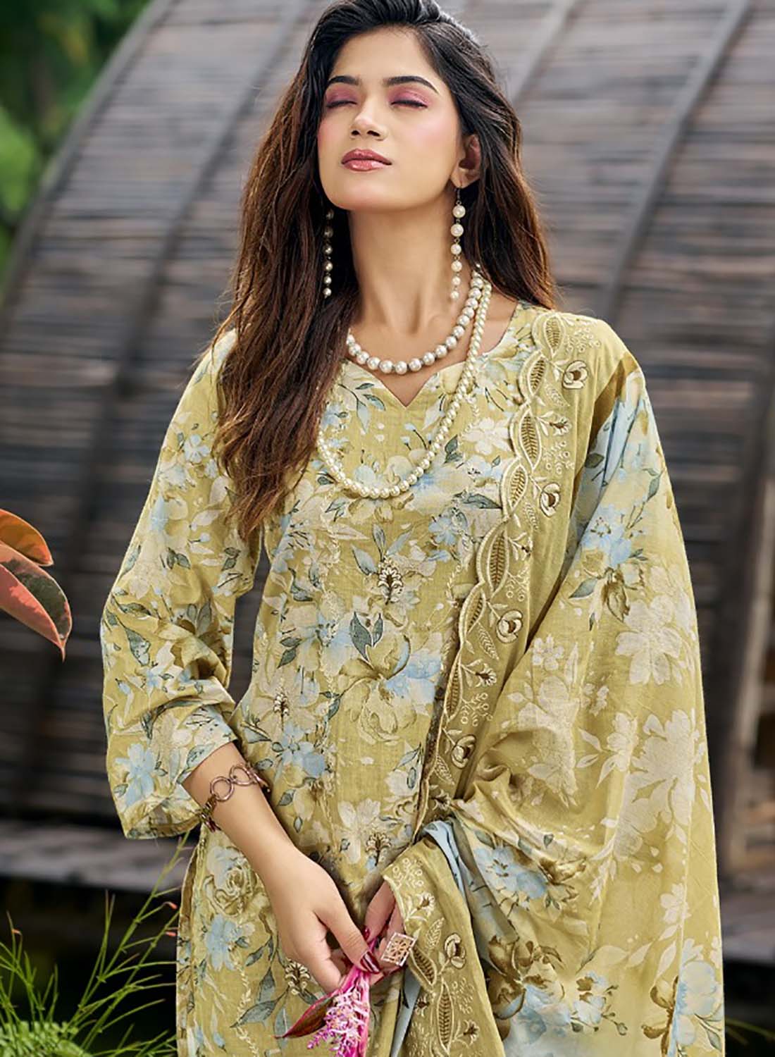 Pakistani Cotton Suit Dress Material for Women Unstitched with Embroidery Green
