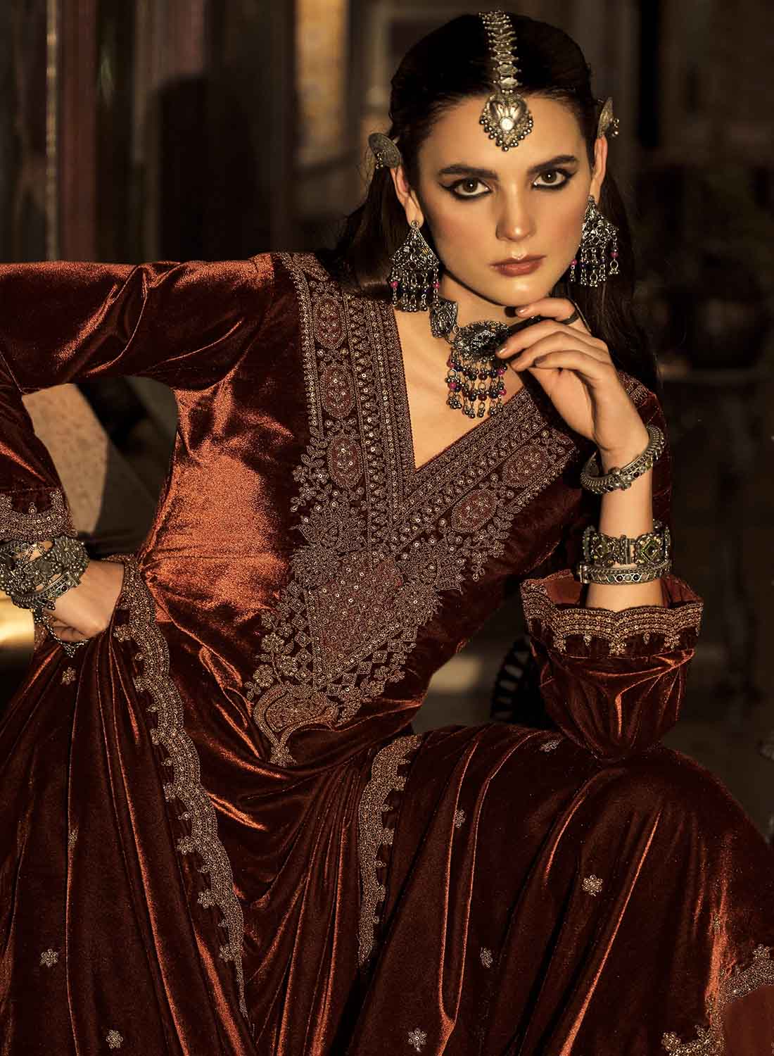 Party Wear Unstitched Winter Velvet Suit Dress Material with Embroidery