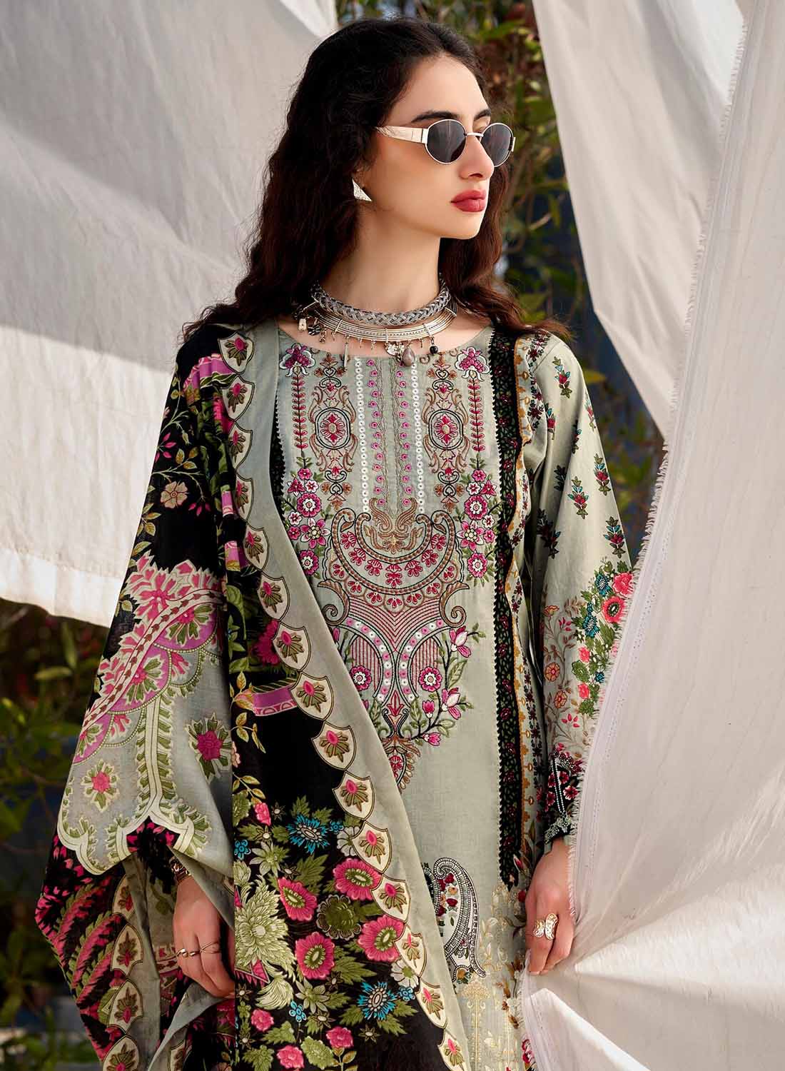 Pakistani Print Pure Cotton Grey Unstitched Suit Material with Embroidery