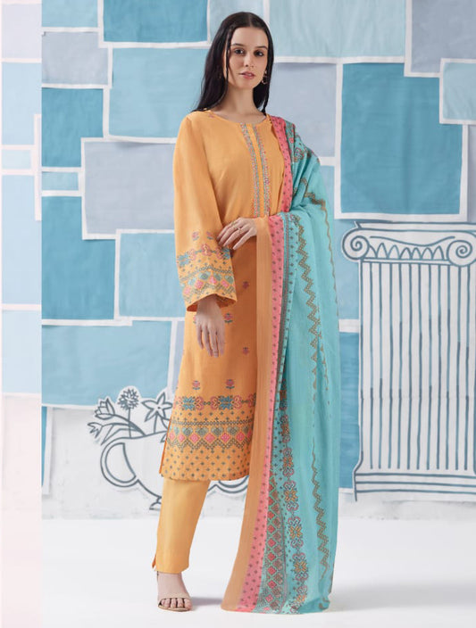 Unstitched Light Orange Cotton Suit for Women with Embroidery S Nirukth