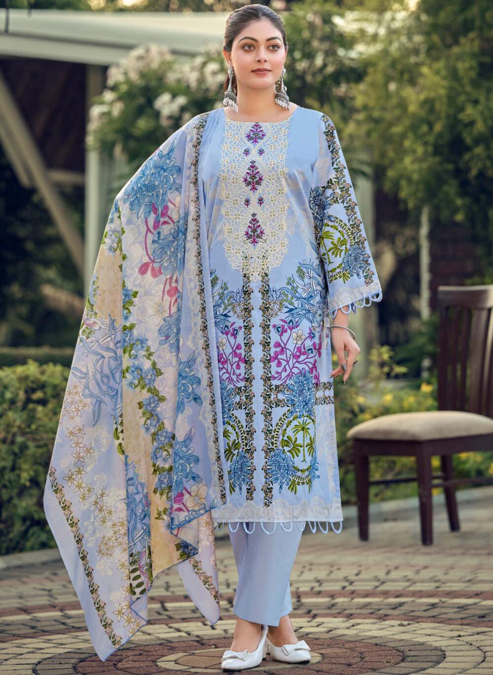 Pure Cotton Blue Pakistani Print Unstitched Suit Material with Embroidery