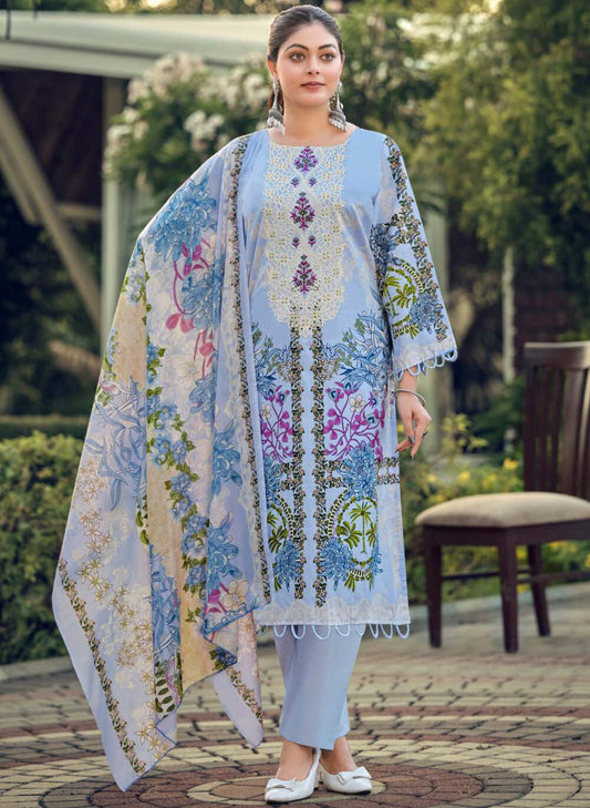 Pure Cotton Blue Pakistani Print Unstitched Suit Material with Embroidery