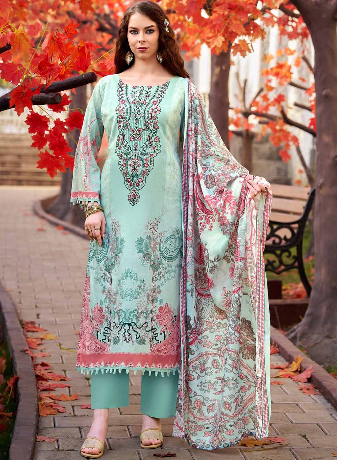 Pure Cotton Unstitched Pakistani Suit Material with Neck Embroidery