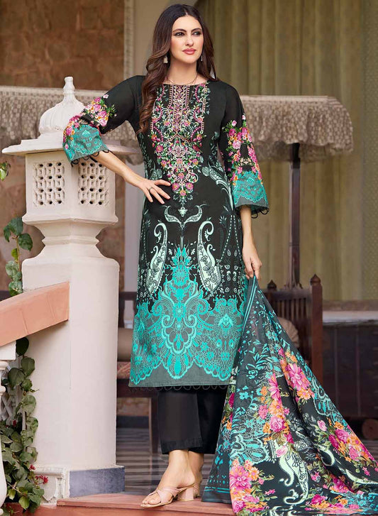Pakistani Print Black Unstitched Pure Cotton Salwar Suit Material with Embroidery