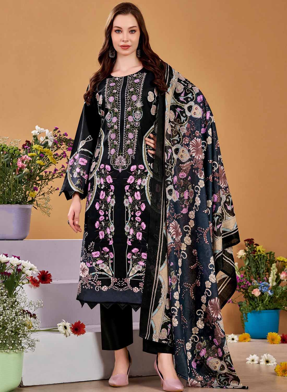 Pakistani Print Pure Cotton Black Unstitched Suit Material with Embroidery