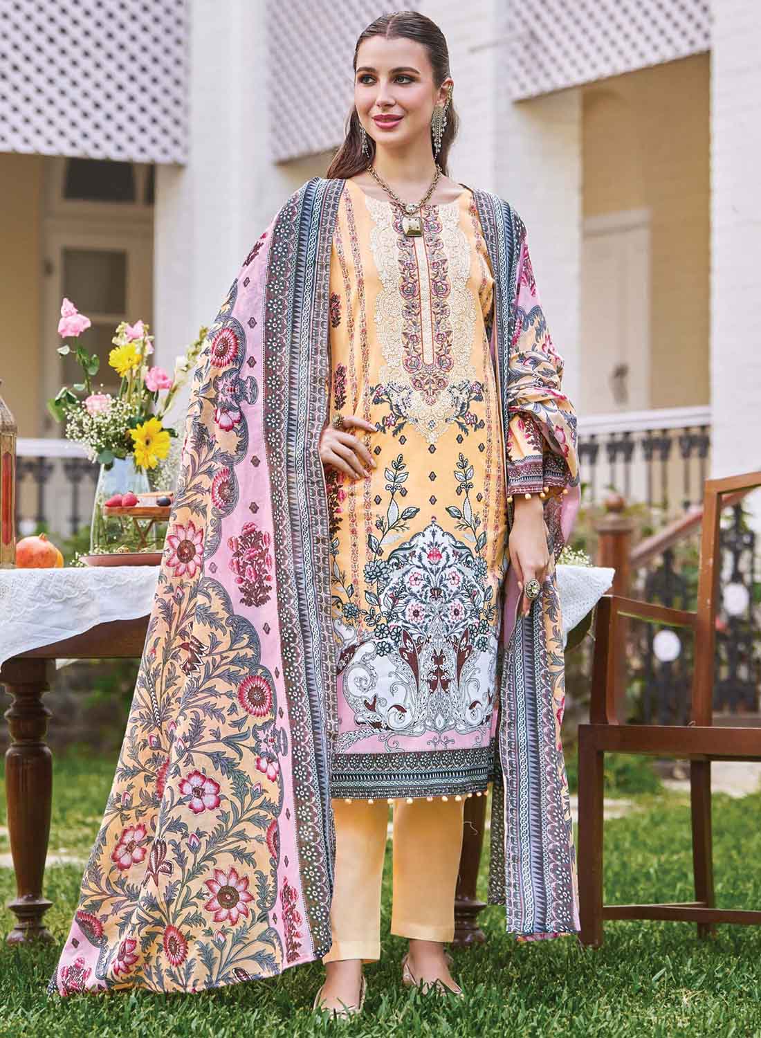 Pakistani Print Unstitched Pure Cotton Suit Fabric with Embroidery
