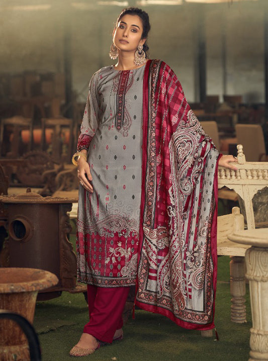 Red Pure Russian Velvet Unstitched Winter Suit Dress Material for Women