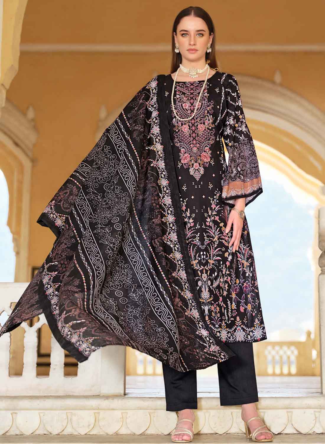 Women's Black Pakistani Print Unstitched Cotton Suit with Embroidery