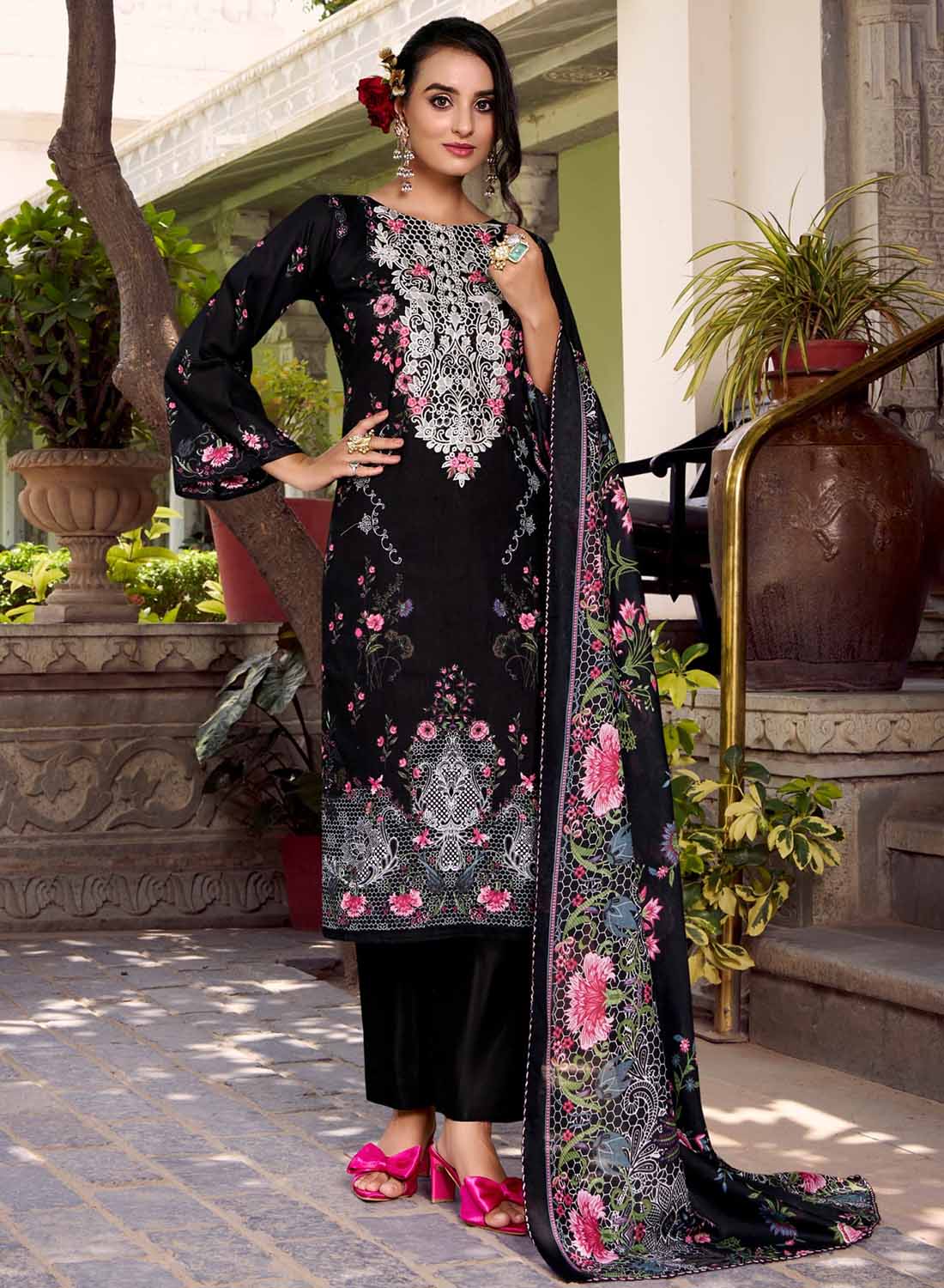 Black Pure Cotton Pakistani Print Unstitched Suit Set with Embroidery