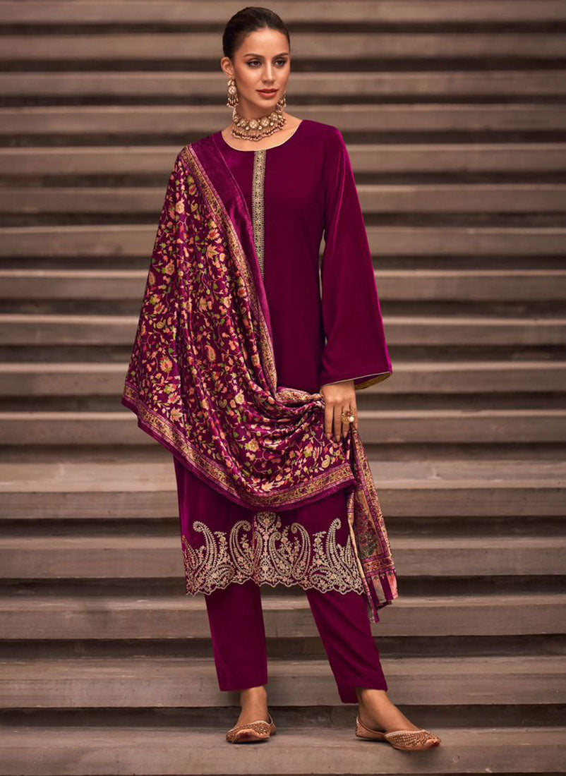 Mumtaz Arts Pink Party Wear Winter Velvet Salwar Suit Dress Material Mumtaz Arts