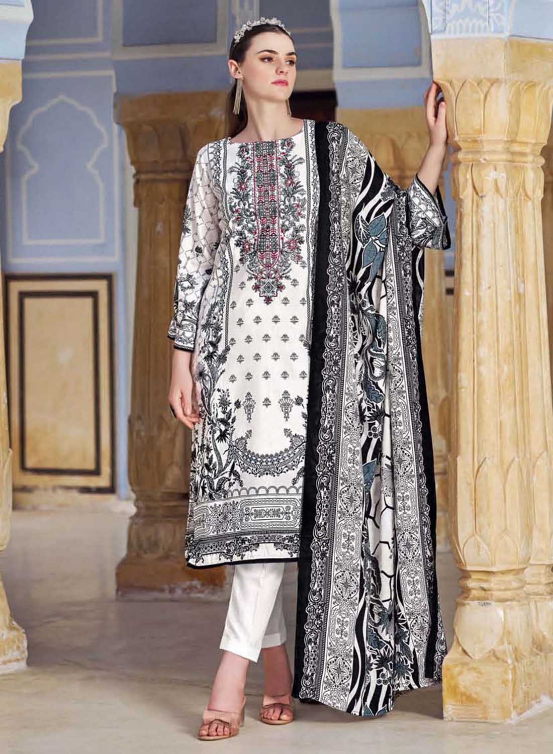 Women's White Pakistani Print Unstitched Cotton Suit Material with Embroidery