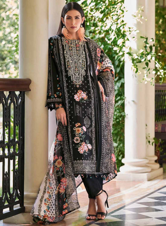 Pakistani Print Black Unstitched Pure Cotton Suit Material with Embroidery
