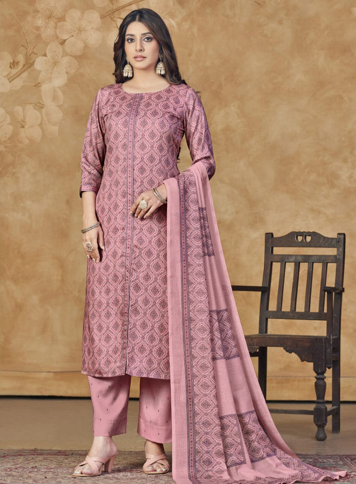 Women's Cotton Satin Pink Unstitched Salwar Suit with Dupatta