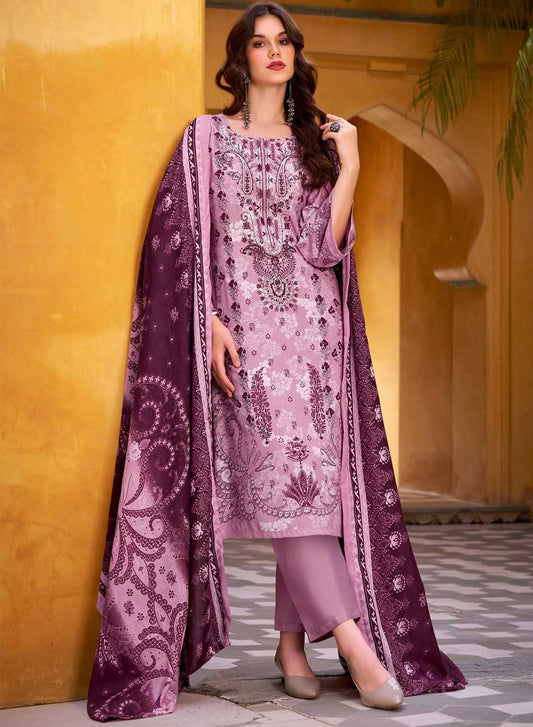 Pink Pure Cotton Pakistani Print Unstitched Salwar Suit Material with Dupatta