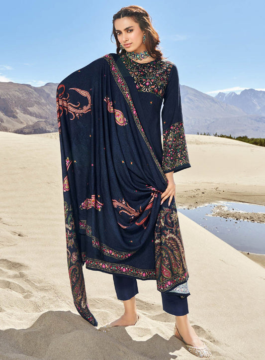 Pashmina Winter Un-Stitched Blue Suit Dress Material for Women