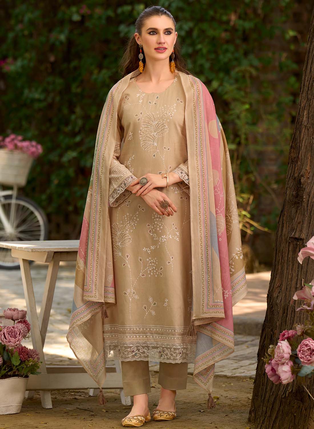 Soft Lawn Cotton Brown Unstitched Salwar Suit Material for Women