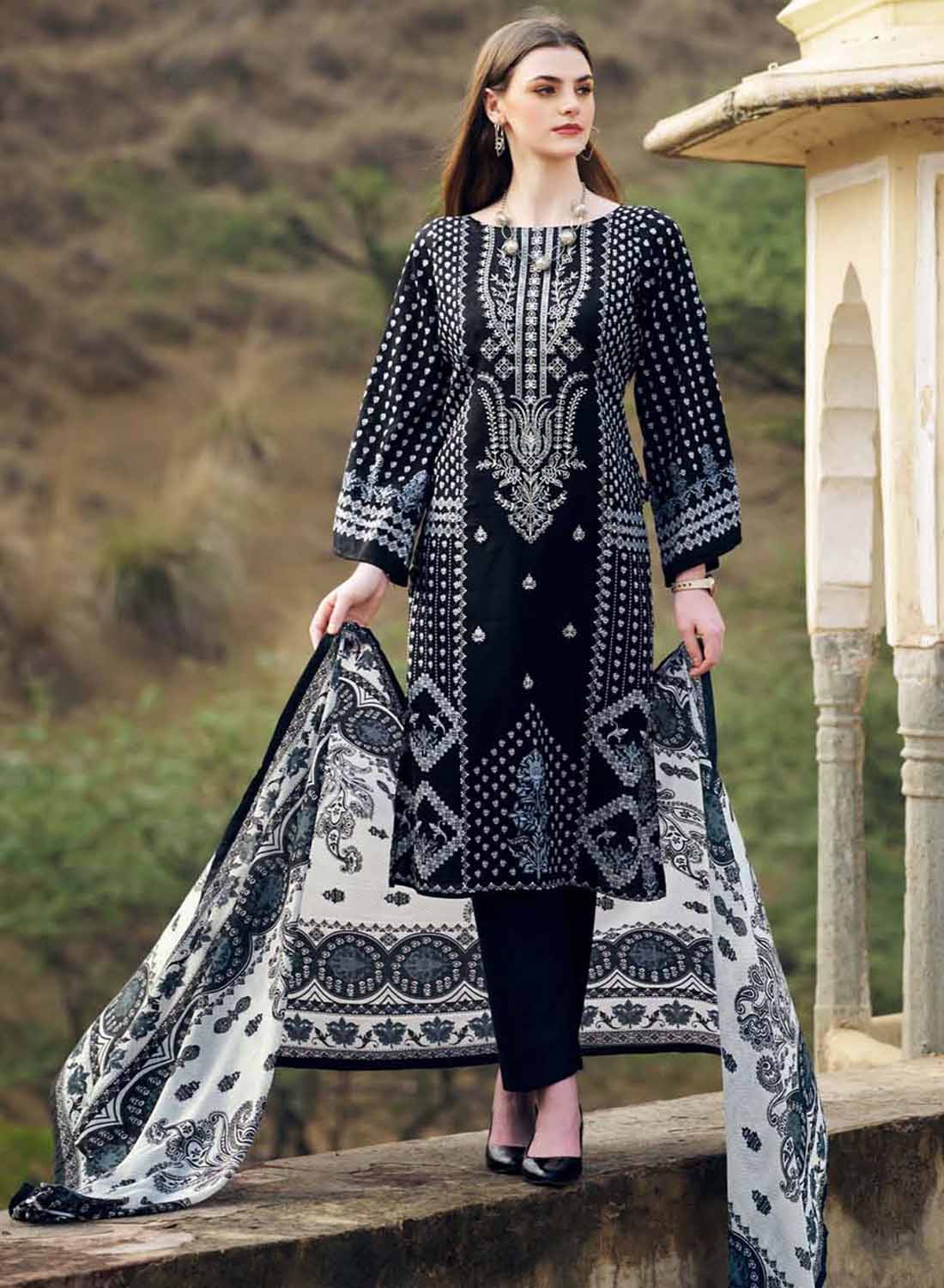 Pakistani Print Unstitched Pure Cotton Salwar Suit Material with Embroidery