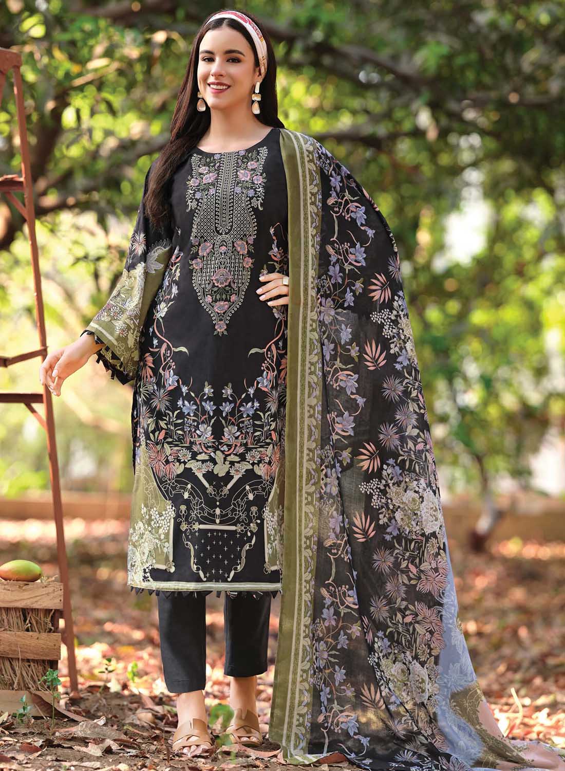 Pakistani Print Black Unstitched Pure Cotton Suit Material with Embroidery